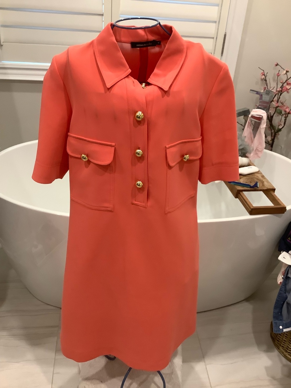 Editions de Robes Coral Short Sleeve Shift Dress with Gold Buttons